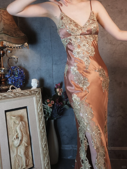 Vintage Champagne Sparkling Beaded Spaghetti Strap Design Elegant Satin Evening Dress Prom Dress TP4029
