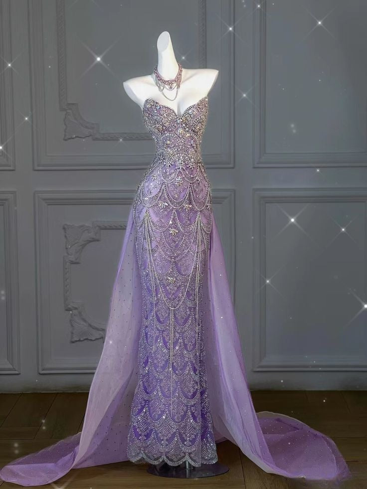 Vintage Lilac Beaded Strapless Sheath Evening Gown TP5180