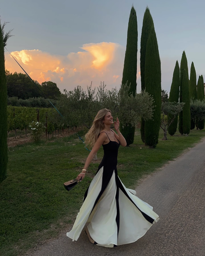 Vintage Black and White A-Line Prom Dress Spaghetti Strap Evening Dress Long Formal Dress TP4639