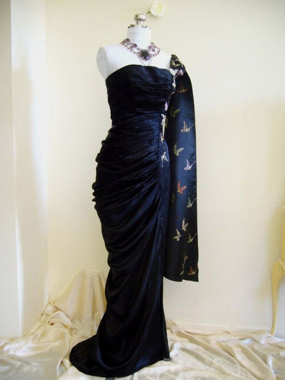 Girlhomeshops-Navy Blue Butterfly Long Satin Fashion One Shoulder Floor Length  Prom Dress Evening Dress Graduation Dress gh5197