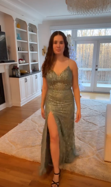 Sparkling Sage Green Sequin Spaghetti Strap V-Neck High Slit Maxi Length Evening Gown TP5272