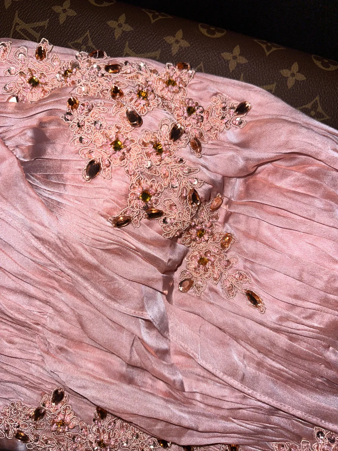 Glamorous Blush Pink Satin Sweetheart Strapless Beaded Sheath Evening Gown TP5366