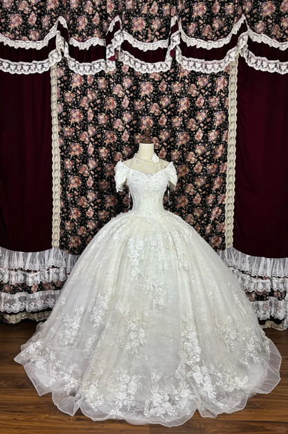 Glamorous Ivory Off-Shoulder Intricate Lace Applique Tulle Wedding Dress TP5339