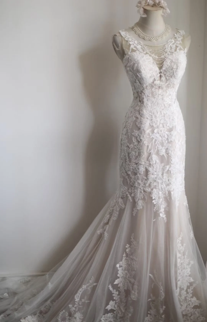 Vintage Lace Applique Mermaid Wedding Dress with Illusion Neckline & Cathedral Train TP5632