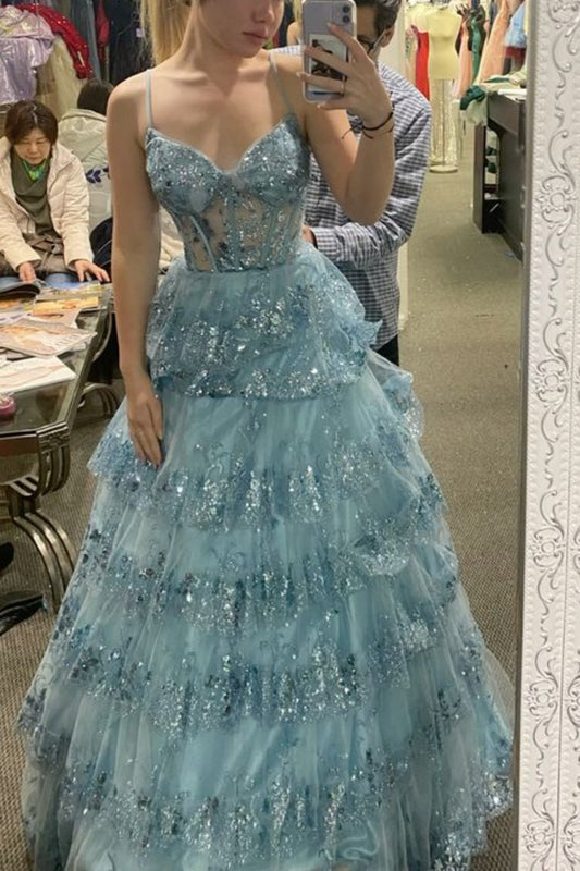 girlhomeshops-Gray/Blue Long Princess Sparkling Sequined Long Tulle Prom Dress Graduation Dress gh5925