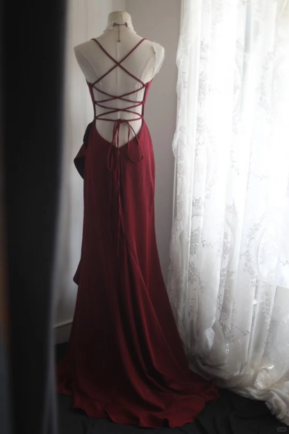 Chic Burgundy Spaghetti Strap Mermaid Gown Cascading Ruffles Prom Dress TP5643
