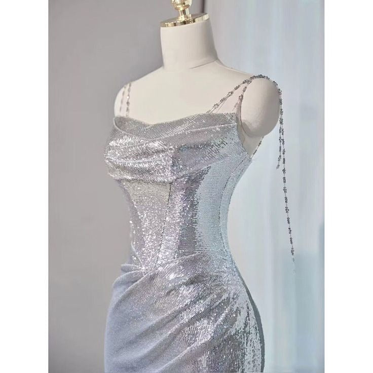 Elegant Silver Sequin Spaghetti Strap Mermaid Evening Gown TP5103