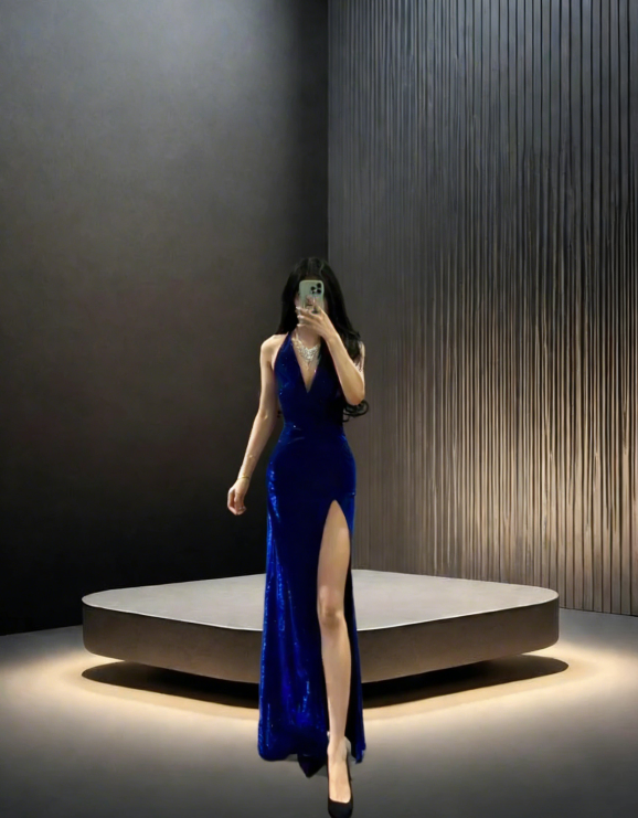 Blue halter-neck fitted waist slim-fitting slit sexy ball gown R8047