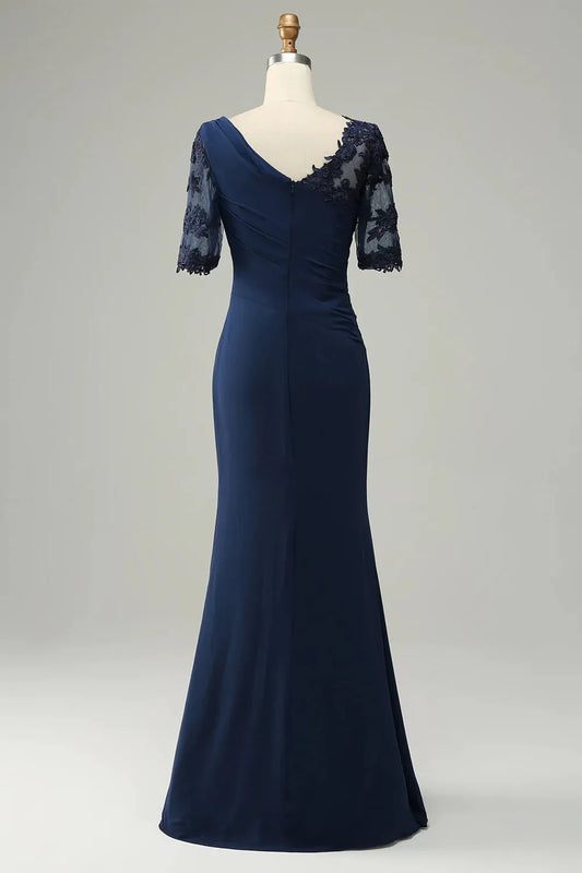 Navy Blue Decal Tight Bridal Mother Dress