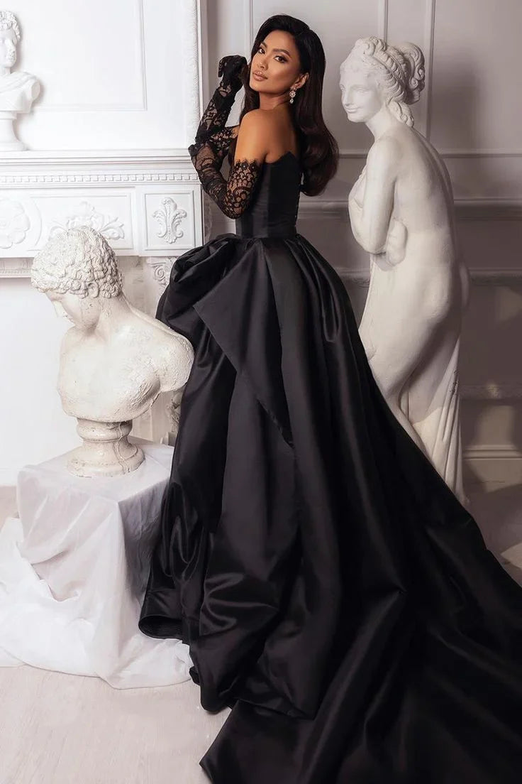 Retro Black Sweetheart Irregular Ruffle Hem Lace Gloves Design Elegant A-Line Satin Evening Dress Prom Dress TP4124