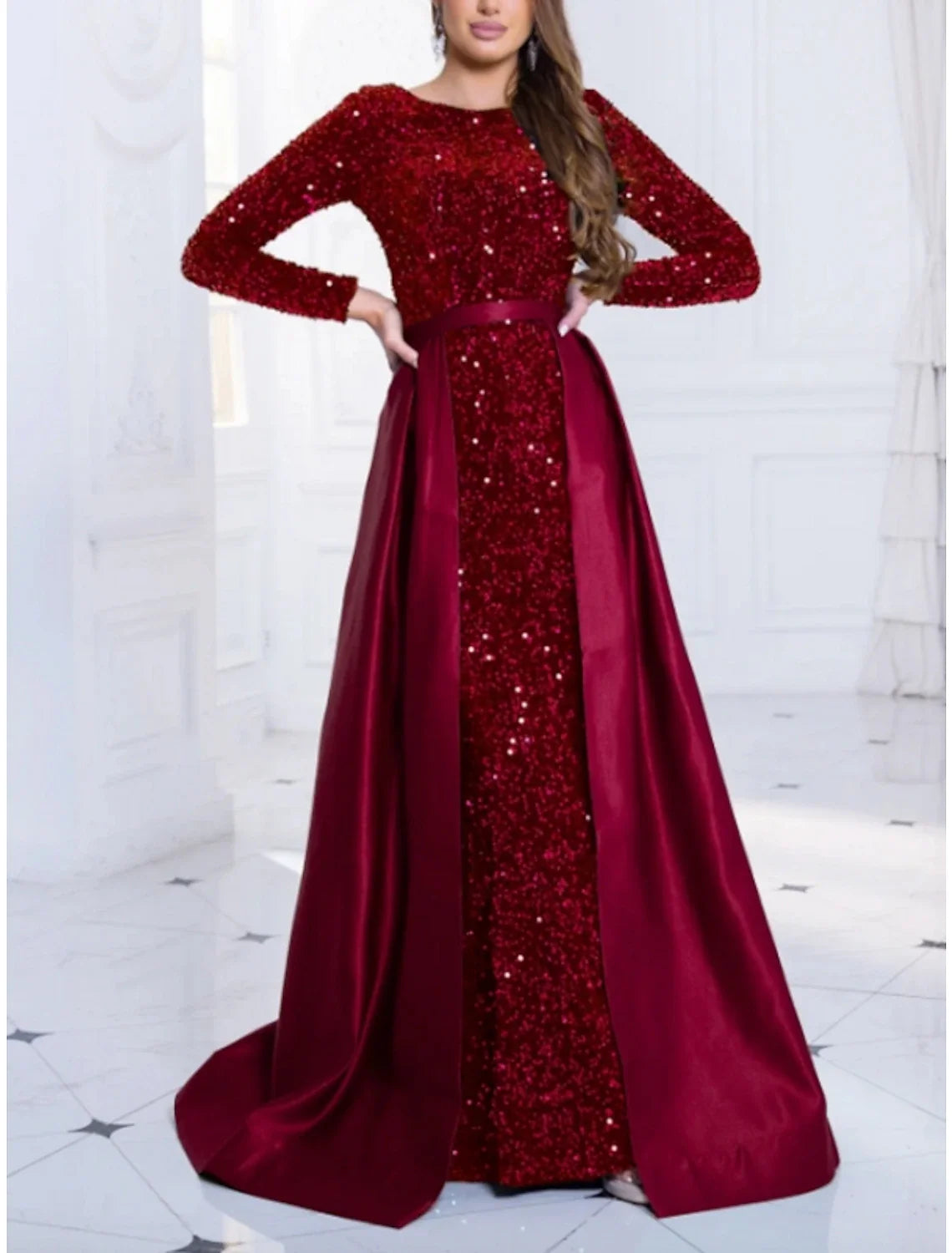 A-Line Evening Gown Sparkle & Shine Black Dress Plus Size Formal Fall Sweep / Brush Train Long Sleeve Jewel Neck Sequined with Glitter Pleats 2026