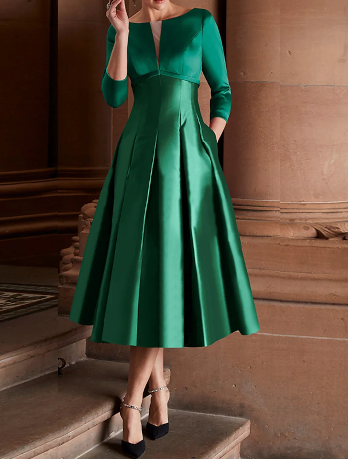 A-Line Cocktail Dresses Minimalist Dress Christmas Red Green Dress Wedding Guest Tea Length 3/4 Length Sleeve Jewel Neck Fall Wedding Guest Satin with Pleats 2026