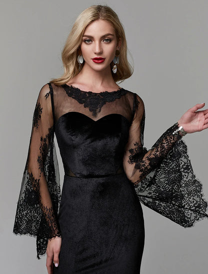 Sheath / Column Elegant Dress Wedding Guest Engagement Floor Length Long Sleeve Illusion Neck Lace with Lace Insert
