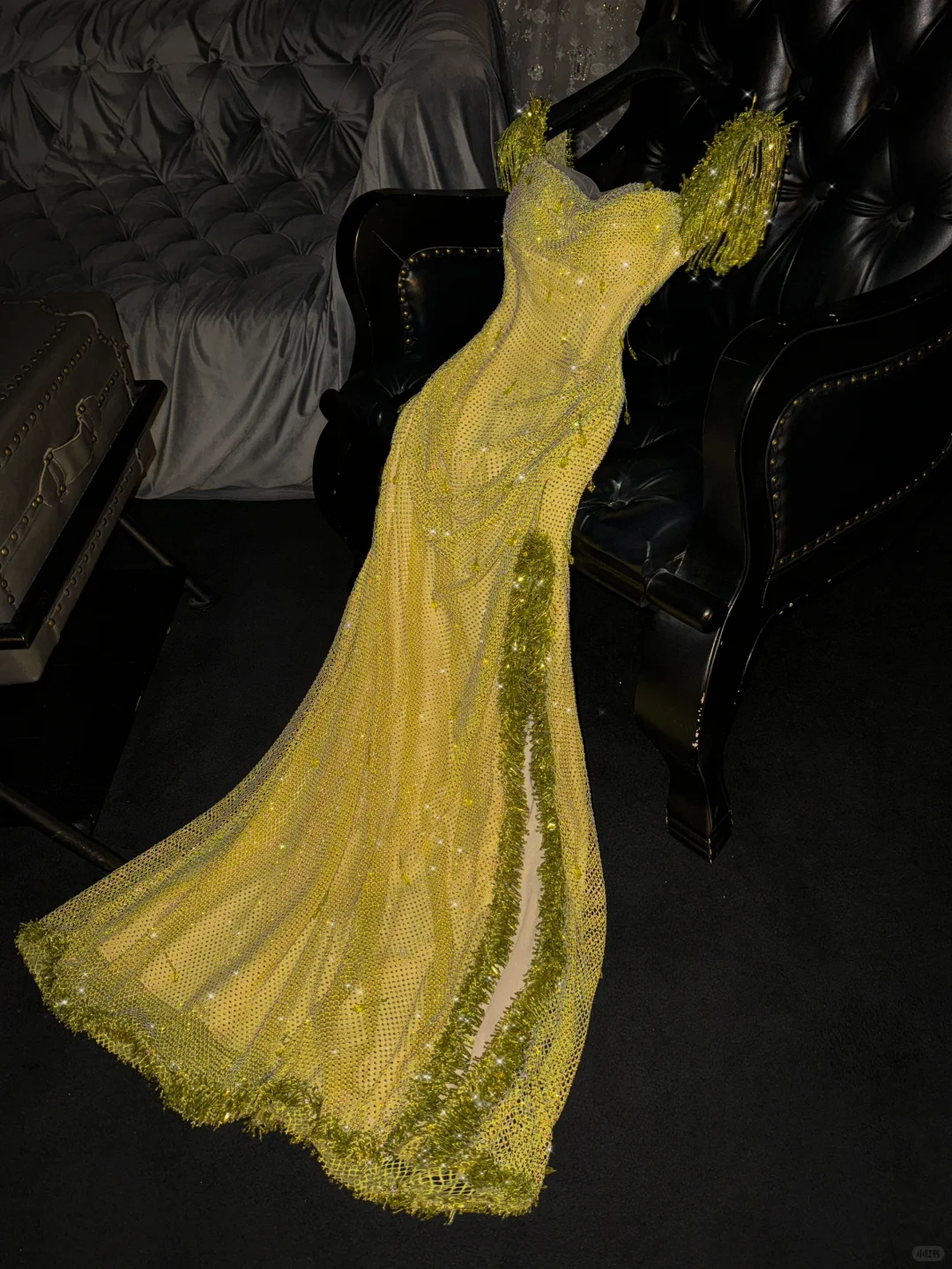 Glamorous Sunshine Yellow Sparkling Sequin Mesh Sheath Fringed Shoulder High Slit Evening Gown TP5401