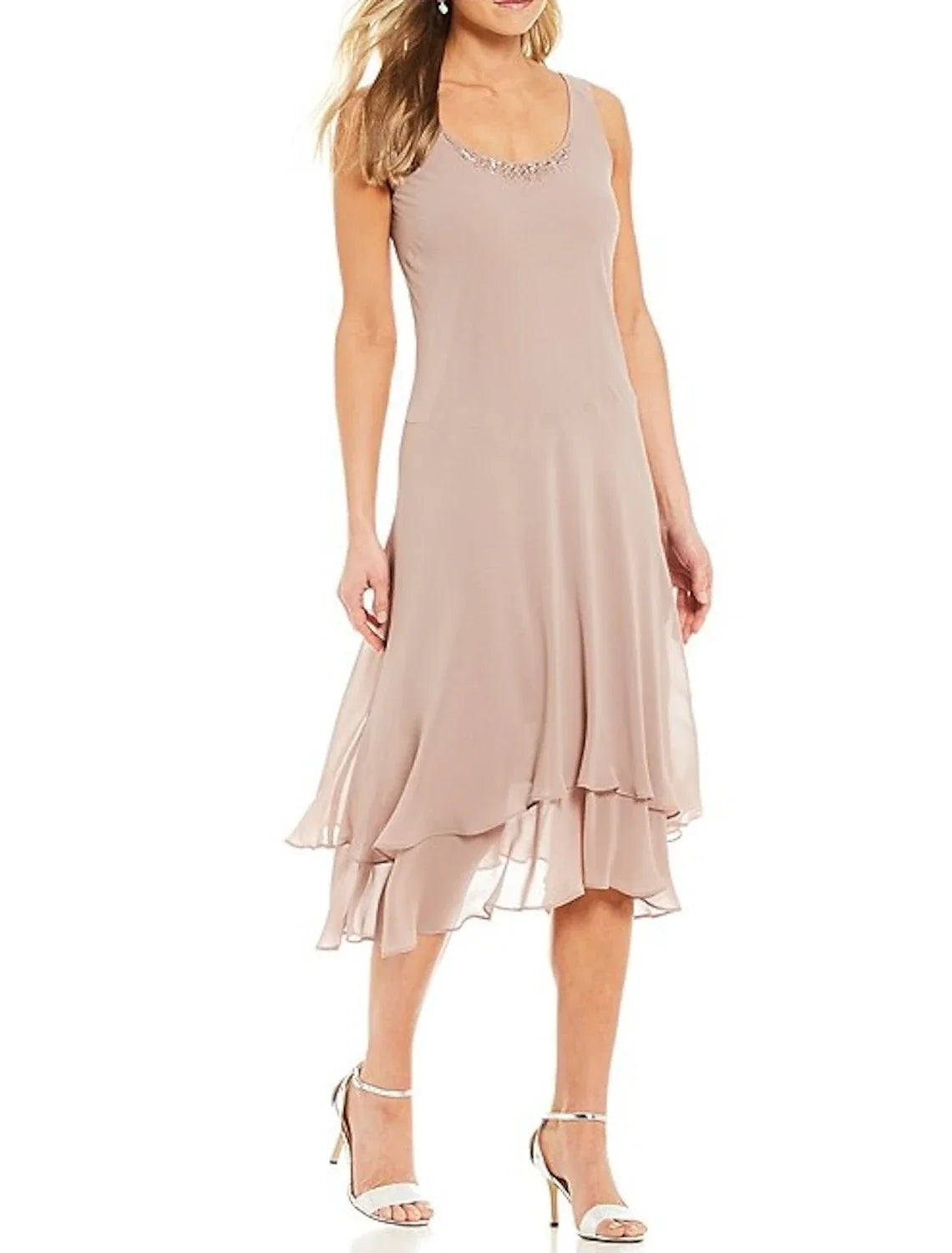 Two Piece A-Line Mother of the Bride Dress Wedding Guest Elegant Jewel Neck Tea Length Chiffon Long Sleeve with Beading Cascading Ruffles