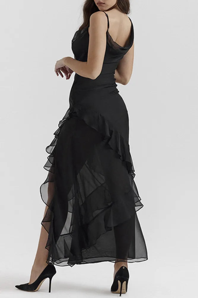 Sexy solid color backless ruffled edge slit asymmetrical diagonal collar irregular prom dress