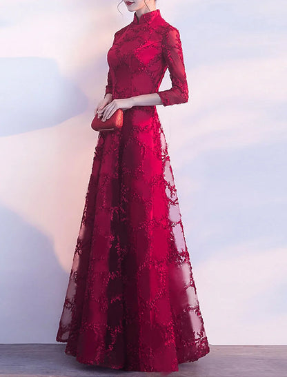 A-Line Chinese Style Vintage Prom Formal Evening Dress Stand Collar 3/4 Length Sleeve Floor Length Tulle with Pleats Appliques