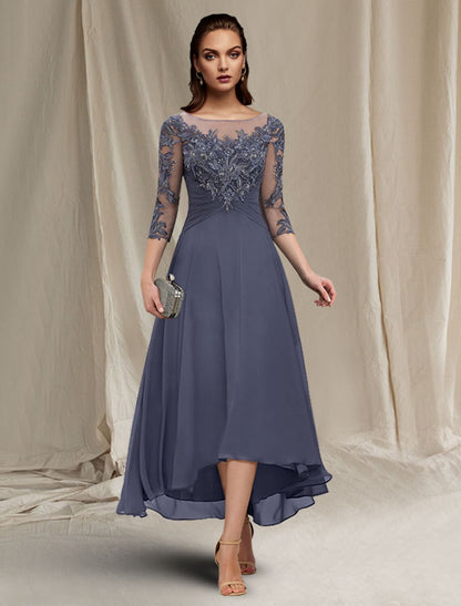 A-Line Mother of the Bride Dress Elegant High Low Jewel Neck Asymmetrical Tea Length Chiffon Lace Short Sleeve Wrap Included with Ruched Sequin Appliques