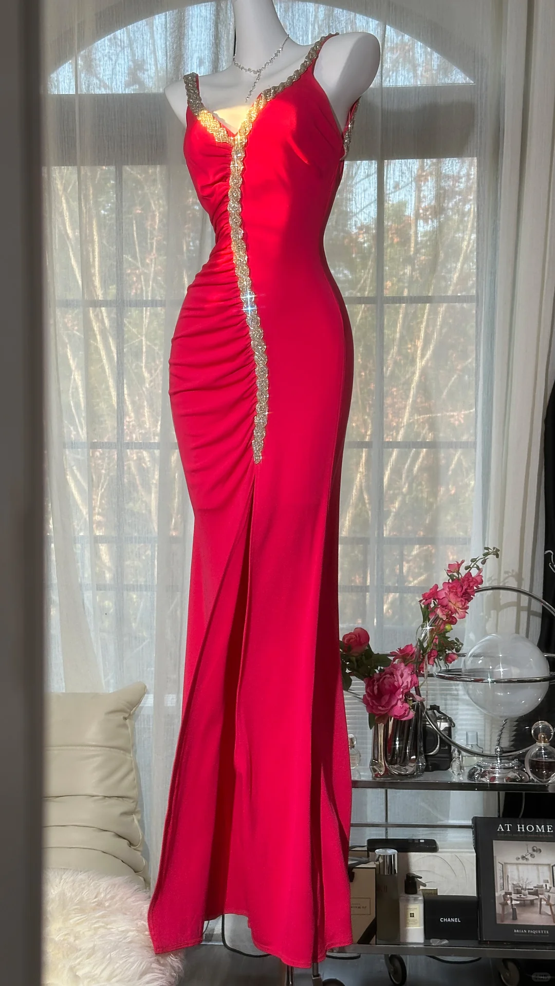 Elegant Red Spaghetti Strap V-Neck Mermaid Prom Dress Ruched Beaded Satin Evening Gown with High Slit TP5734