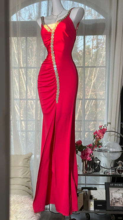 Elegant Red Spaghetti Strap V-Neck Mermaid Prom Dress Ruched Beaded Satin Evening Gown with High Slit TP5734