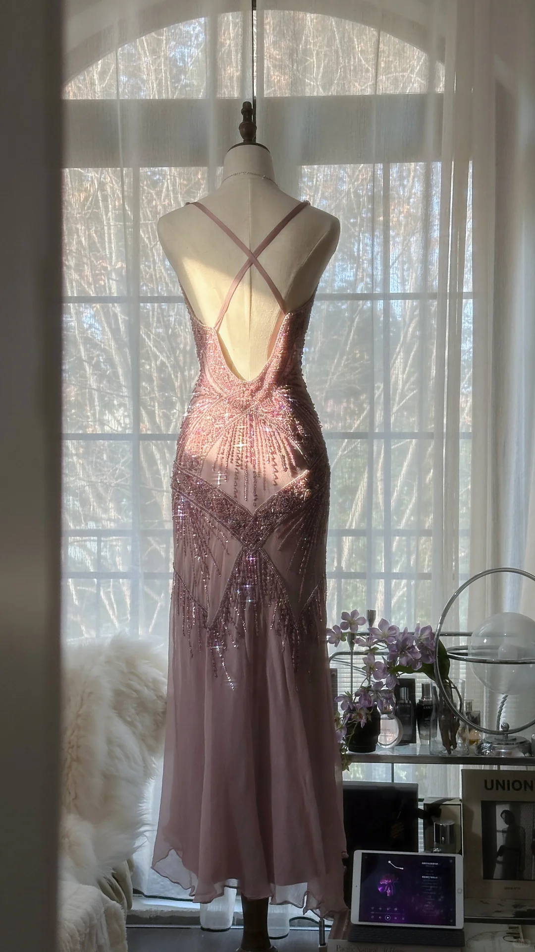 Vintage Pink Sparkling Elegant Beaded Sweetheart Romantic Chiffon Evening Dress TP3978