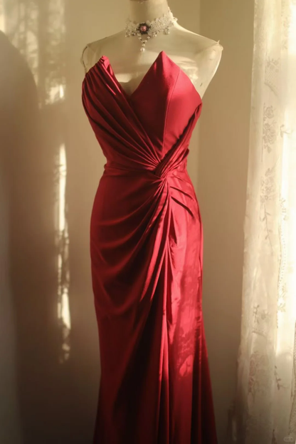 Vintage Burgundy Satin Strapless Mermaid Ruched Detail Prom Dress TP5863