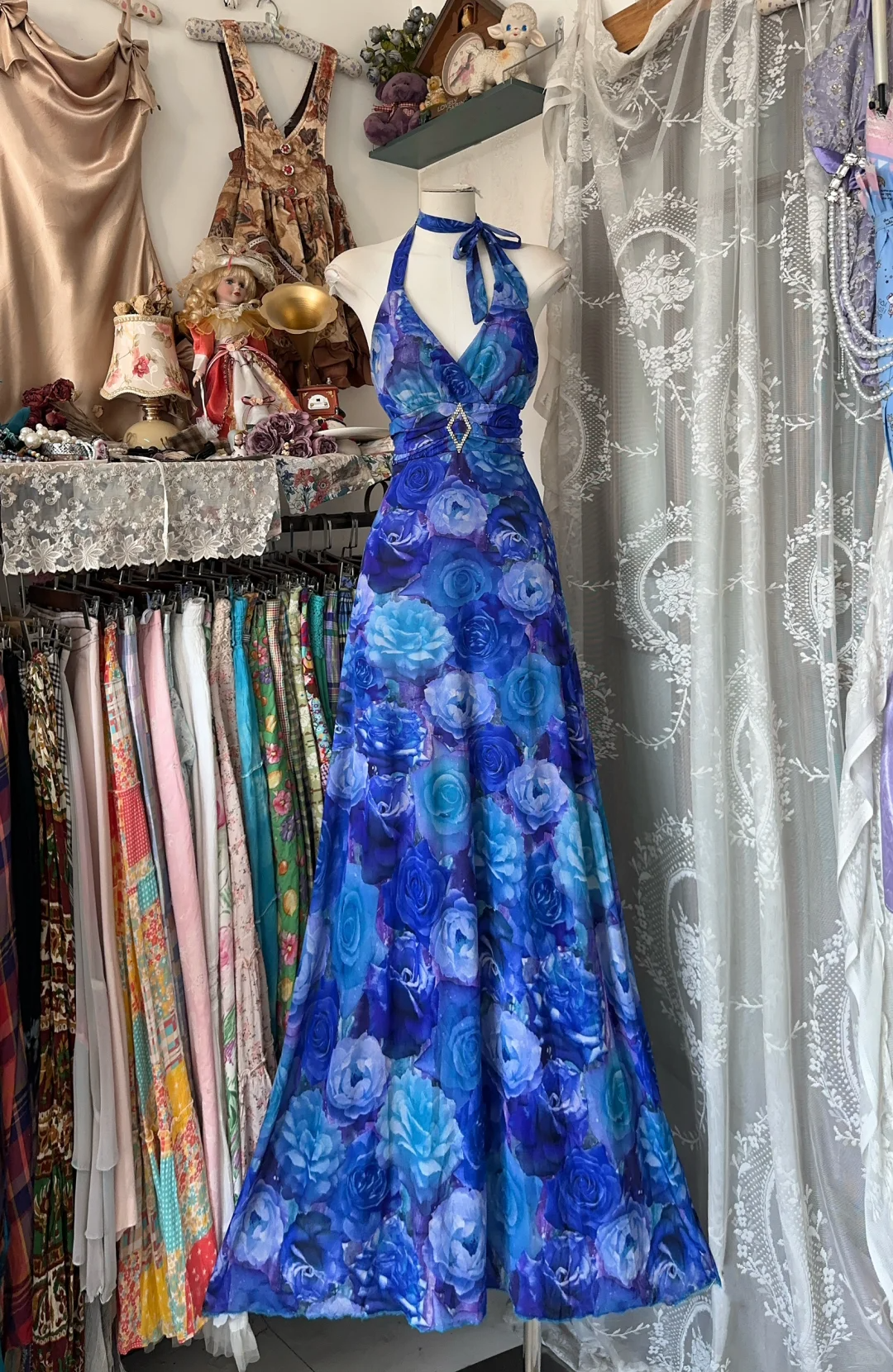Vintage Navy Blue Floral V-neck Halter Dress Elegant A-Line Long Evening Dress Prom Dresses TP4197