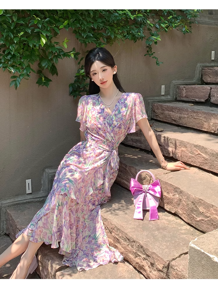 New Fashion Floaral Design V-neck Short Sleeves Mermaid Slim Long Dress TP3048