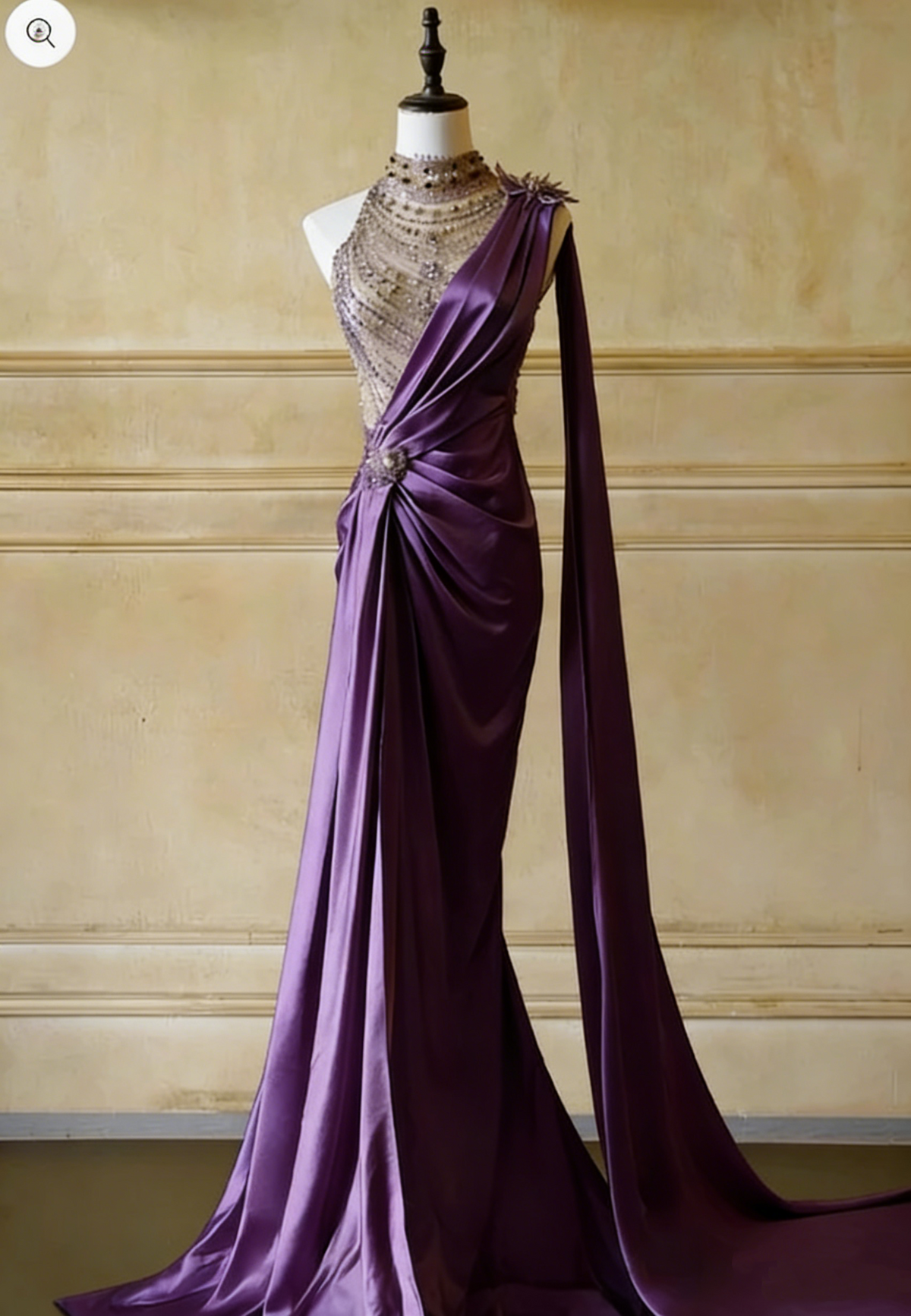 Vintage Champagne One-Shoulder Mermaid Satin Beaded Evening Gown TP5524