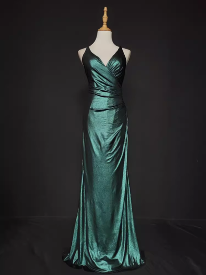 Vintage Emerald Green Satin Spaghetti Strap Sheath Ruched Evening Gown TP5564