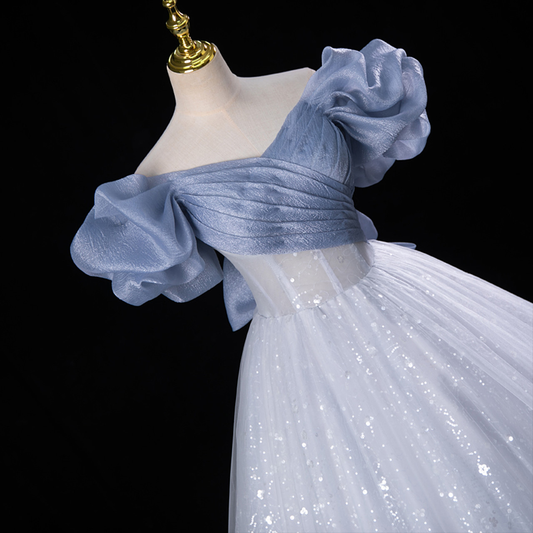 Fairy Blue Tulle Sequins Off the Shoulder Quinceanera Dress Cute Ball Gown With Bow  cc1700