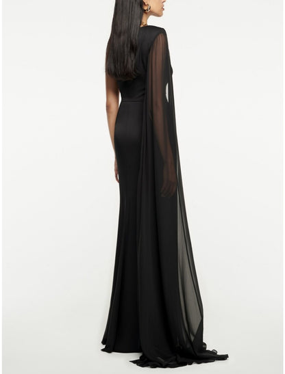 A-Line Evening Gown Elegant Dress Formal Sweep / Brush Train Black Dress Sleeveless One Shoulder Imitation Silk with Pleats Ruched Slit