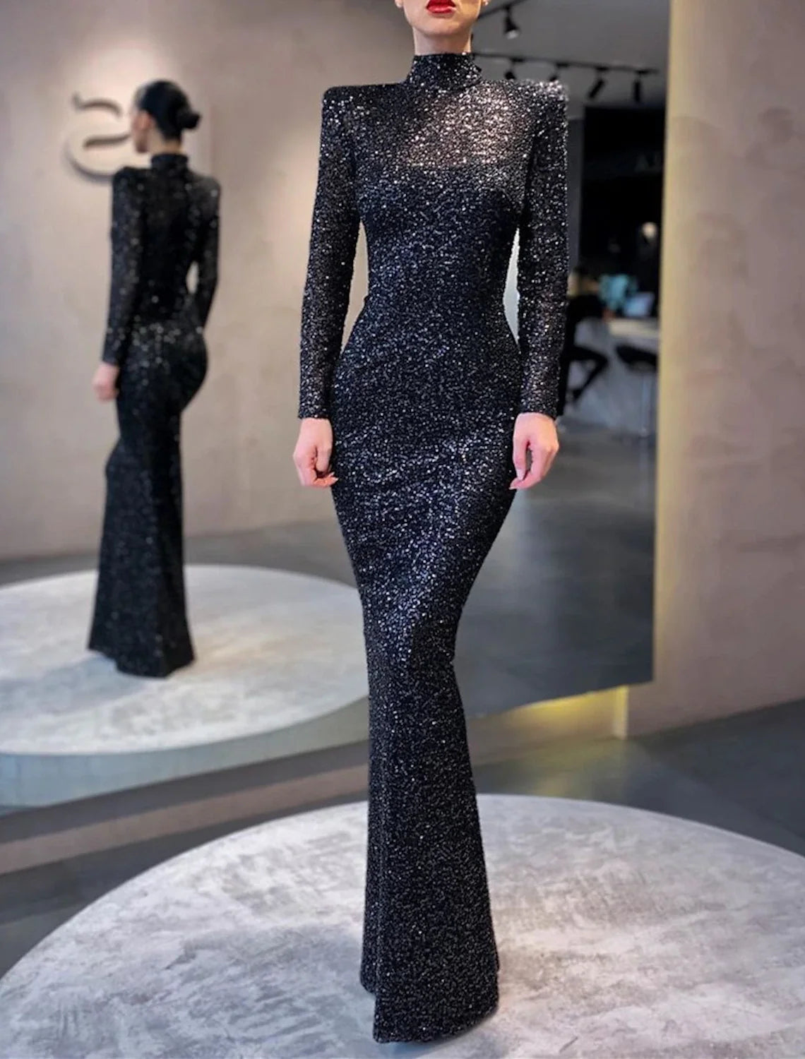 Mermaid Black Dress Evening Gown Sparkle & Shine Dress Formal Cocktail Party Floor Length Long Sleeve High Neck Sequined with Sequin 2026