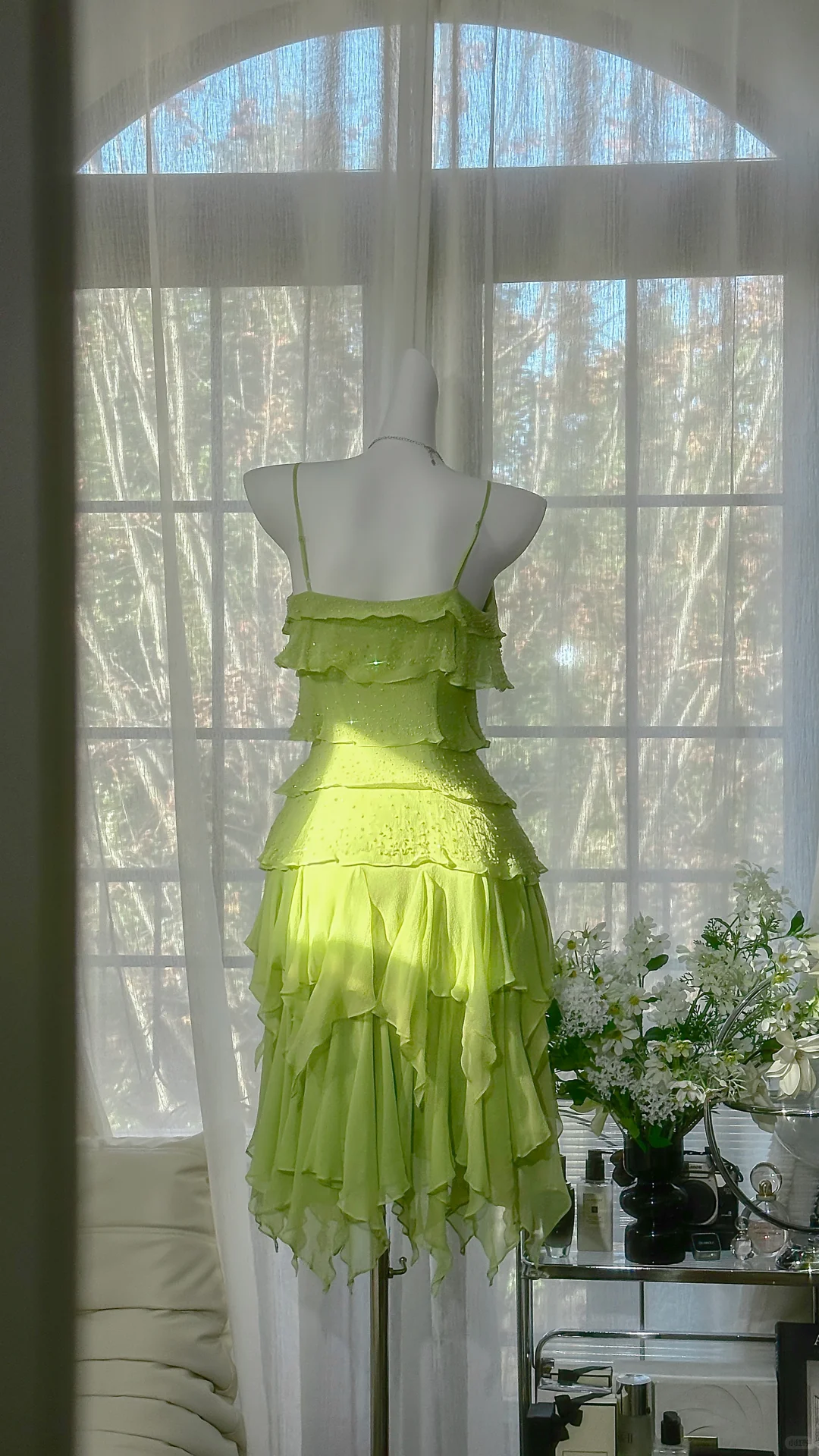 Cute Lime Green Spaghetti Strap Tiered Ruffle Homecoming Dress Beaded Chiffon Cocktail Dress TP5738