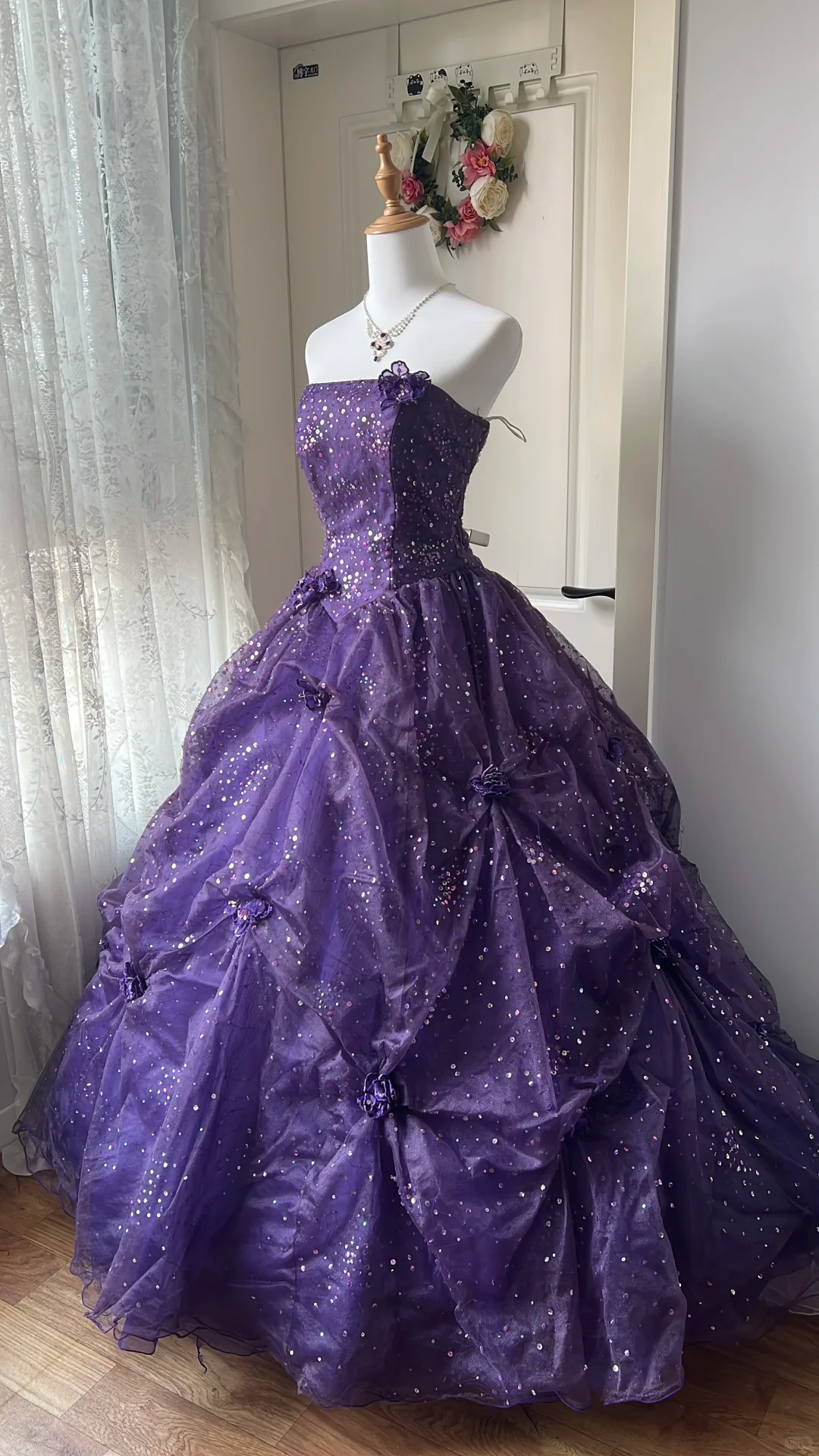 Glamorous Strapless Purple Sequin 3D Floral Tulle Quinceanera Ball Gown TP5835