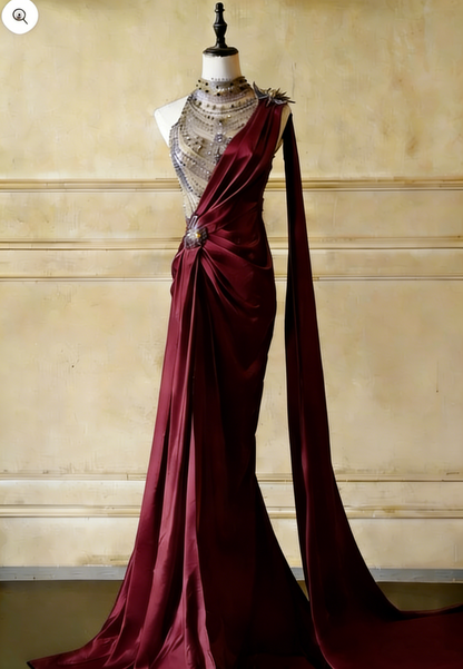 Vintage Champagne One-Shoulder Mermaid Satin Beaded Evening Gown TP5524