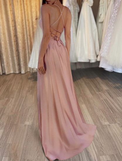 A-Line Evening Gown Backless Dress Formal Wedding Guest Sweep / Brush Train Sleeveless Spaghetti Strap Satin Backless with Slit 2026