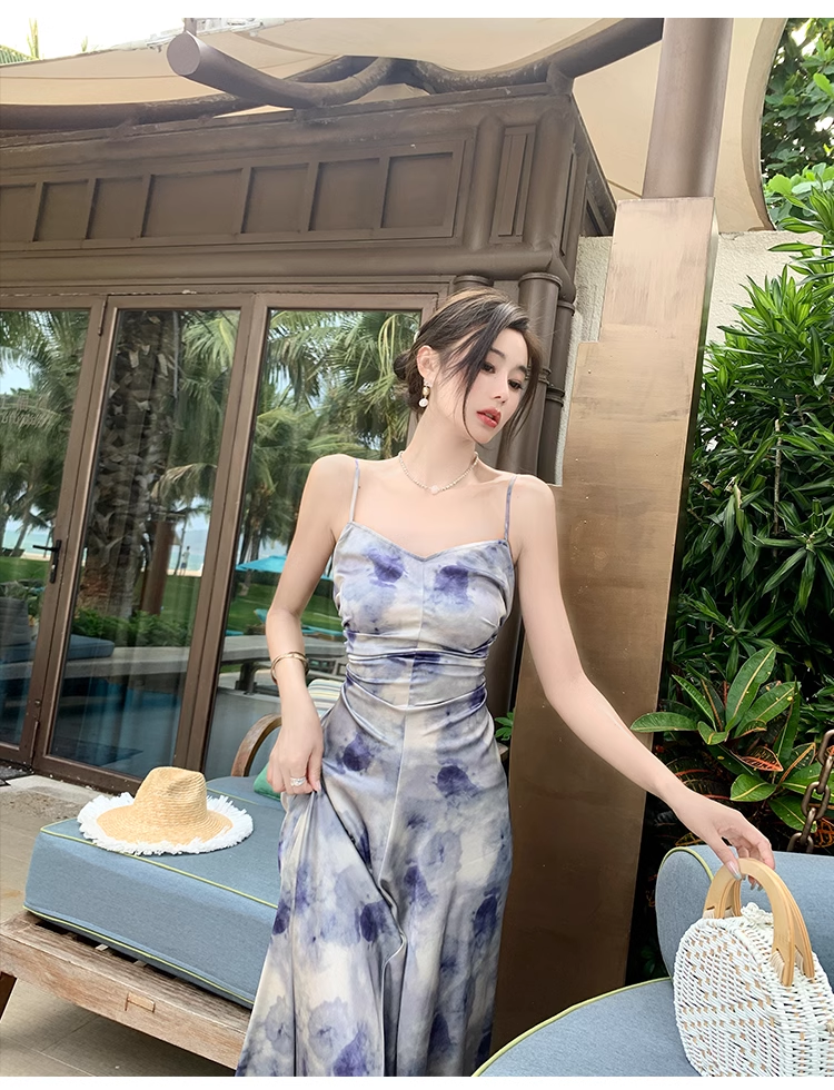 New Simple Elegant Floral Design Beach Holiday Spaghetti Strap Dress TP3068