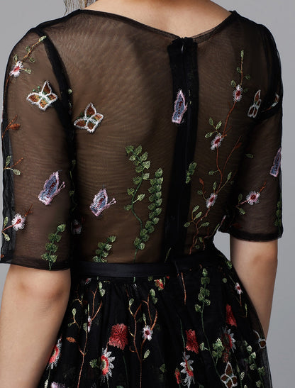 A-Line Floral Dress Wedding Guest Holiday Tea Length Half Sleeve Illusion Neck Lace with Embroidery Appliques