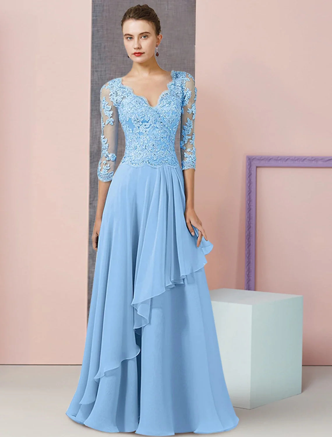 Two Piece A-Line Mother of the Bride Dress Formal Wedding Guest Party Elegant V Neck Floor Length Chiffon Lace Half Sleeve Wrap Included with Beading Sequin Appliques