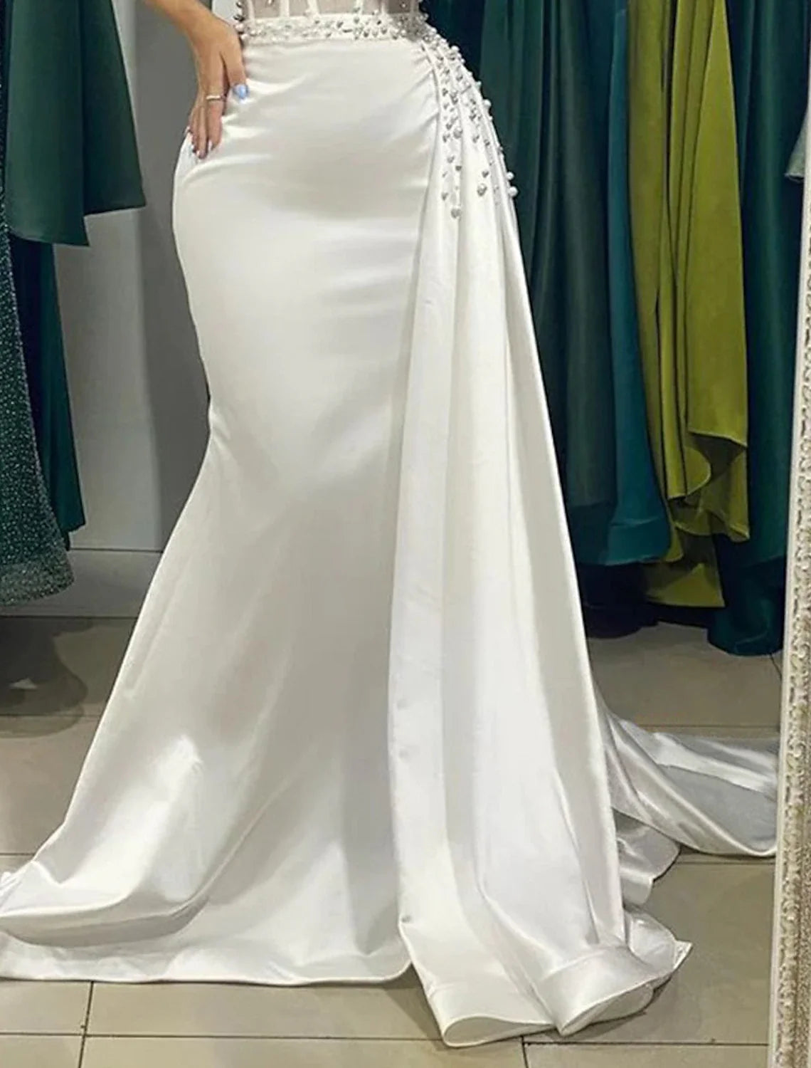 Mermaid / Trumpet Evening Gown Corsets Dress Formal Wedding Court Train Sleeveless Strapless Satin with Ruched Pearls 2026