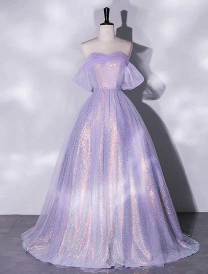 A-Line Prom Dresses Glittering Dress Quinceanera Birthday Floor Length Short Sleeve Off Shoulder Tulle with Ruched