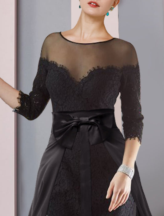 Two Piece Sheath / Column Mother of the Bride Dress Formal Wedding Guest Elegant detachable Scoop Neck Knee Length Chiffon Lace 3/4 Length Sleeve with Bow(s) Applique