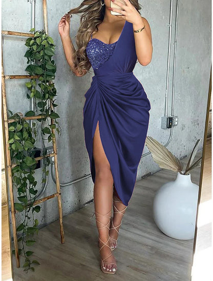 Mermaid Dress Cocktail Dresses Red Green Dress Wedding Guest Party Wear Tea Length Short Sleeve Spaghetti Strap Polyester with Ruched Sequin Slit