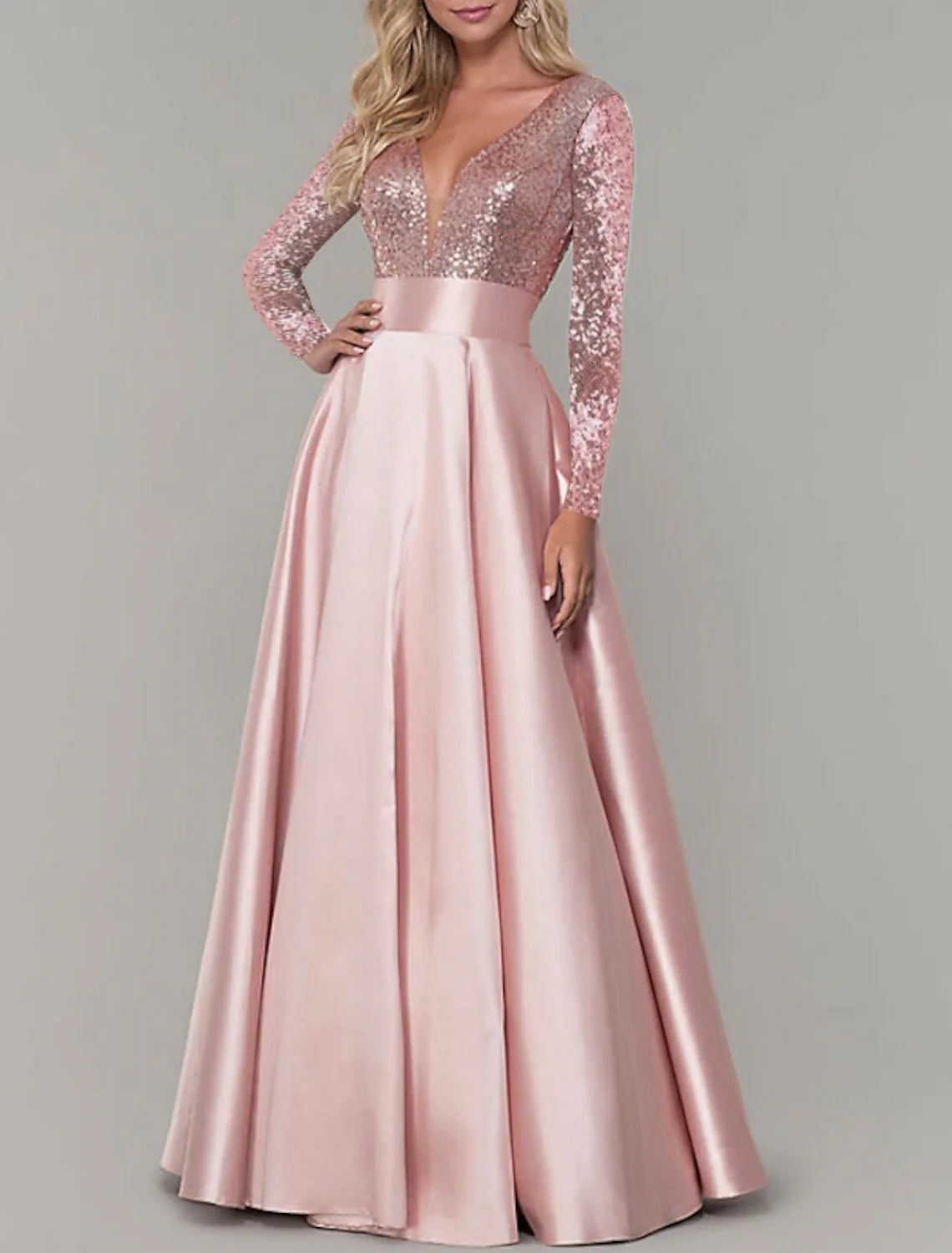 A-Line Evening Gown Sparkle & Shine Dress Prom Birthday Floor Length Long Sleeve V Neck Fall Wedding Guest Satin with Pleats Sequin 2026