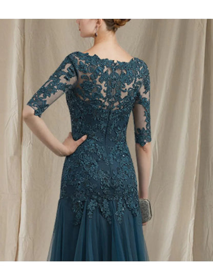 A-Line Mother of the Bride Dress Elegant V Neck Sweep / Brush Train Lace Tulle Half Sleeve No with Ruffles Appliques