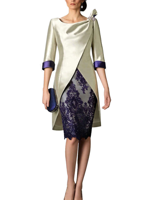 Two Piece Sheath / Column Mother of the Bride Dress Wedding Guest Church Vintage Plus Size V Neck Knee Length Satin Lace 3/4 Length Sleeve Jacket Dresses with Color Block