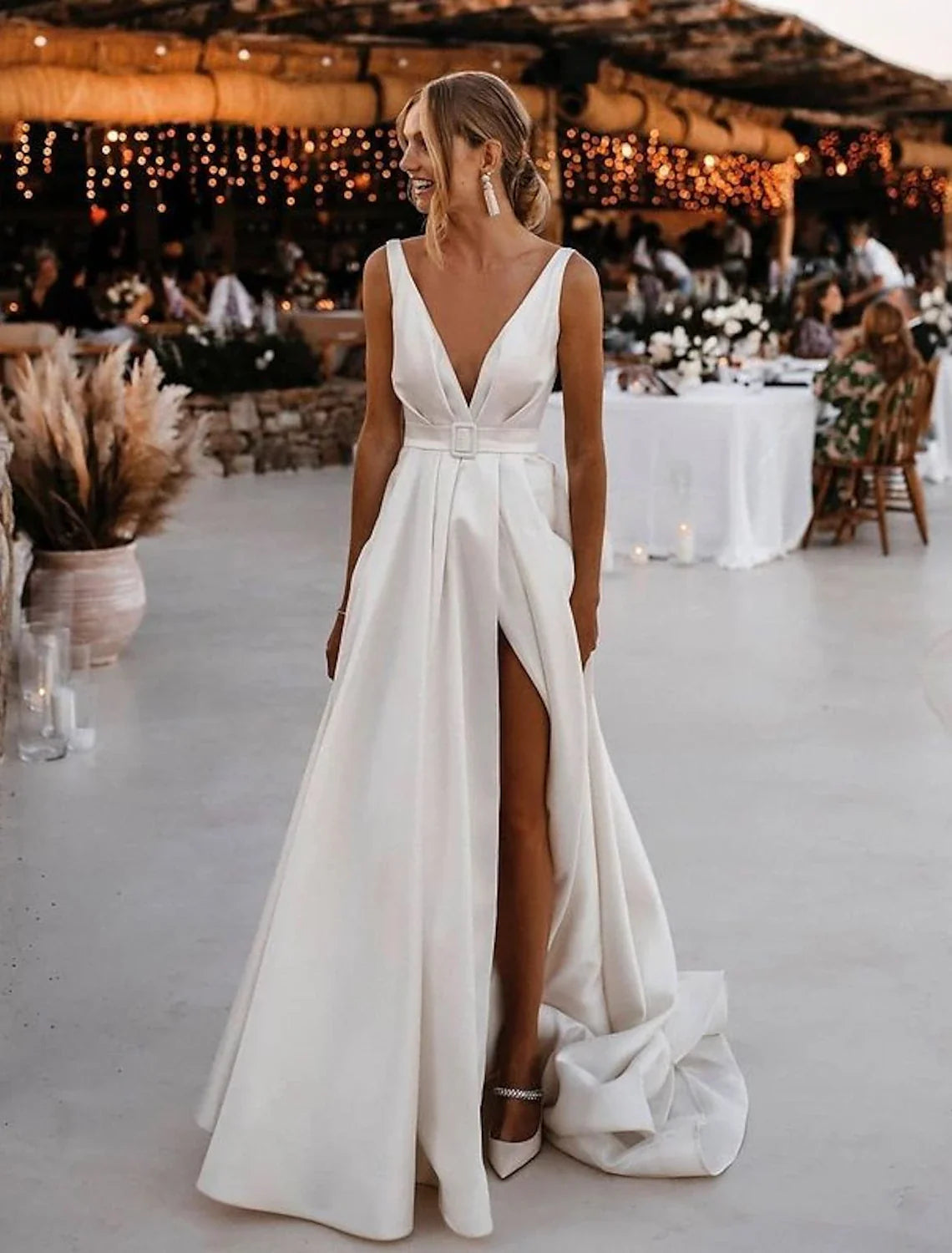 Beach Casual Wedding Dresses A-Line V Neck Sleeveless Court Train Satin Bridal Gowns With Sashes / Ribbons Sash / Ribbon Summer Wedding Party Women's Clothing