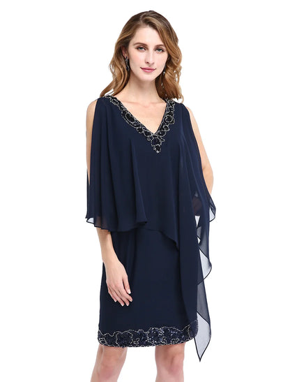 Sheath / Column Mother of the Bride Dress V Neck Knee Length Chiffon Sleeveless No with Beading Sequin