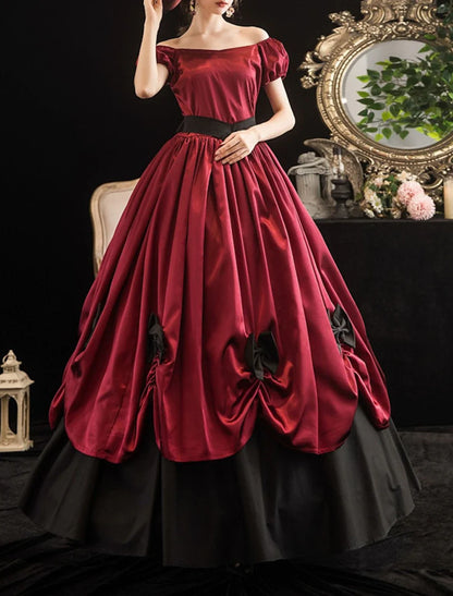 Ball Gown Party Dresses Vintage Dress Halloween Floor Length Short Sleeve Off Shoulder Polyester with Sash / Ribbon Bow(s) Pleats